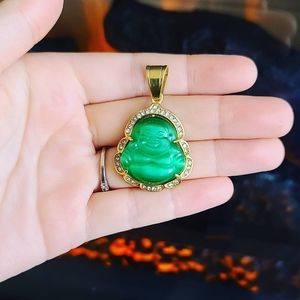 Green Cat Eye Flashy Buddha Carving Pendant Zirconia Stainless steel 🤩